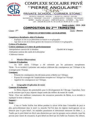 Première page de Histoire-Géographie 3e, 3e ML — 3e composition (2019-2020) · CPEG PIERRE ANGULAIRE