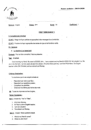 Première page de Devoir surveillé de PCT — 6e — CPEG ROSAIRE (2019)