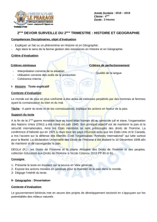 Première page de Histoire-Géographie 4e, 4e ML — 2e devoir surveillé, 2e trimestre (2019-2020) · CPEG LE PHARAON