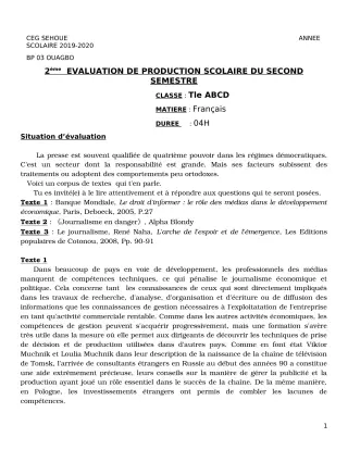 Première page de Français Tle A2, Tle B, Tle C, Tle D — 2e production scolaire, 2e semestre (2019-2020) · CEG SEHOUE