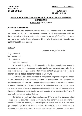 Première page de Français 6e — 1er devoir surveillé, 1er semestre (2021-2022) · CEG PAHOU