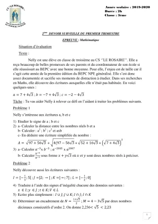 Première page de Mathématiques 3e, 3e ML — 2e devoir surveillé, 1er trimestre (2019-2020) · CPEG ROSAIRE