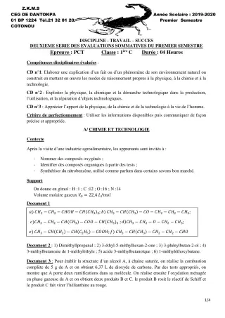 Première page de PCT 1ère C — 2e évaluation sommative, 1er semestre (2019-2020) · CEG Dantokpa
