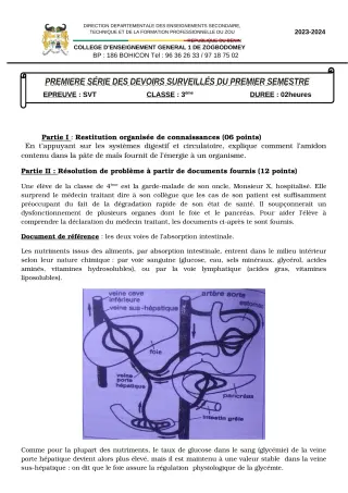Première page de SVT 3e, 3e ML — 1er devoir surveillé, 1er semestre (2023-2024) · CEG 1 ZOGBODOMEY
