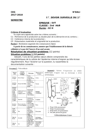 Première page de SVT 2nde A2, 2nde B — 1er devoir surveillé, 1er semestre (2018-2019) · CEG 1 N'Dali
