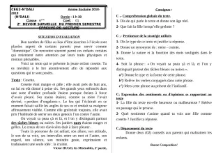 Première page de Français 6e, 5e, 4e, 4e ML, 3e, 3e ML — 2e devoir surveillé, 1er semestre (2018-2019) · CEG 2 N'DALI