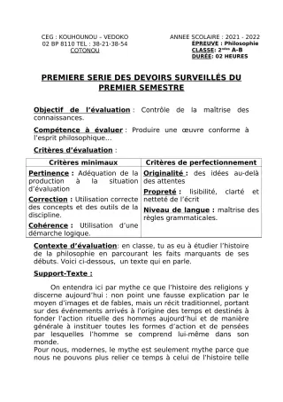Première page de Philosophie 2nde A1, 2nde A2, 2nde B — 1er devoir surveillé, 1er semestre (2021-2022) · CEG Kouhounou-Vêdoko