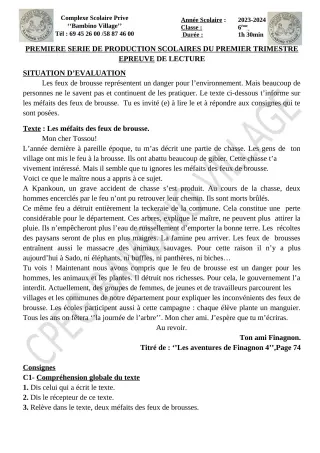 Première page de Français 6e, 5e, 4e, 3e, 2nde A2, 2nde B, 2nde D, 1ère A2, 1ère B, 1ère D — 1re production scolaire, 1er trimestre (2023-2024) · CPEG Bambino Village