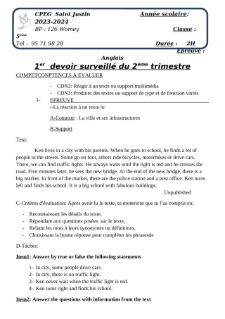 Première page de Anglais 5e, 1ère A2, 1ère B, 1ère C, 1ère D — 1er devoir surveillé, 2e trimestre (2023-2024) · CPEG SAINT Justin