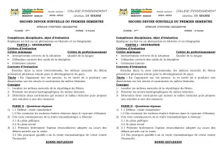 Première page de Histoire-Géographie 4e — 2e devoir surveillé, 1er semestre (2021-2022) · CEG SEKERE
