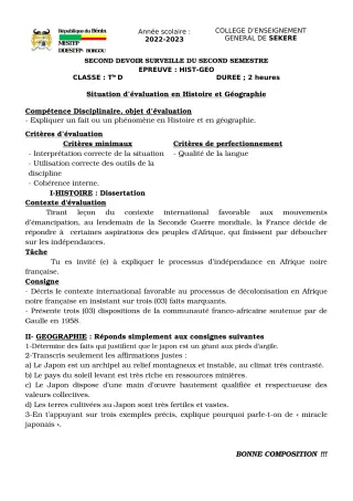 Première page de Histoire-Géographie Tle D — 2e devoir surveillé, 2e semestre (2022-2023) · CEG SEKERE