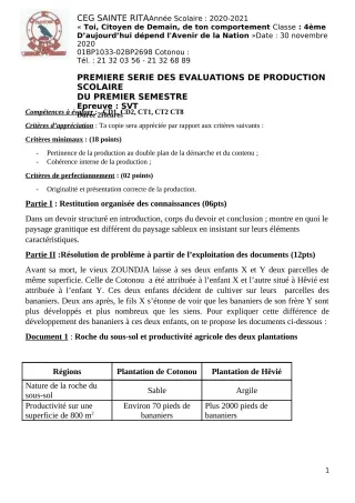 Première page de SVT 4e — Production scolaire, 1er semestre (2020-2021) · CEG Sainte Rita