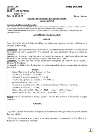 Première page de PCT 2nde D — 2e devoir surveillé, 2e semestre (2018-2019) · CEG du Lac