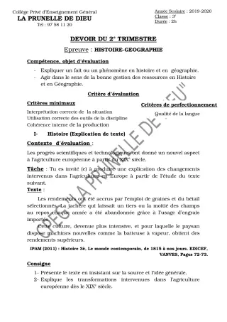 Première page de Histoire-Géographie 3e, 3e ML — Devoir surveillé, 2e trimestre (2019-2020) · CEPG La Prunelle de Dieu