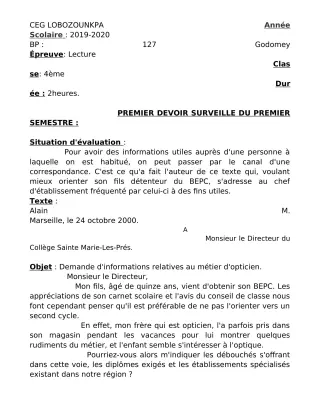 Première page de Français 4e — 1er devoir surveillé, 1er semestre (2019-2020) · CEG Lobozounkpa
