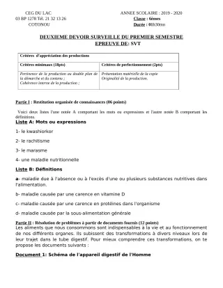 Première page de SVT 6e — 2e devoir surveillé, 1er semestre (2019-2020) · CEG du Lac