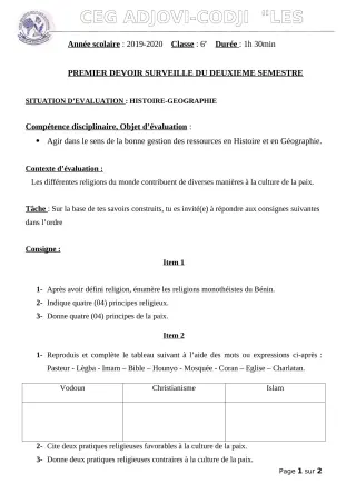 Première page de Histoire-Géographie 6e — 1er devoir surveillé, 2e semestre (2019-2020) · CEG ADJOVICODJI 'LES OLIVIERS'