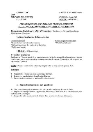 Première page de Histoire-Géographie 1ère C, 1ère D — 1er devoir surveillé, 1er semestre (2018-2019) · CEG du Lac