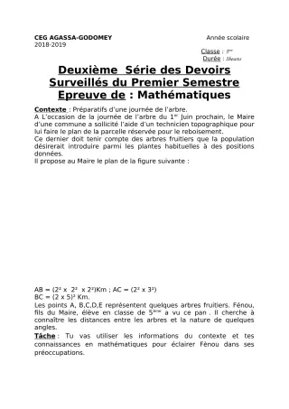 Première page de Mathématiques 5e — 2e devoir surveillé, 1er semestre (2018-2019) · CEG Agassa Godomey