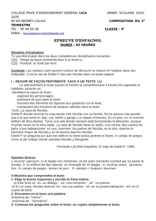Première page de Espagnol 4e ML — Composition, 1er trimestre (2019-2020) · CPEG LICA