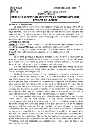 Première page de Français 1ère A, 1ère C, 1ère D — 2e évaluation sommative, 1er semestre (2019-2020) · CEG Zinvié