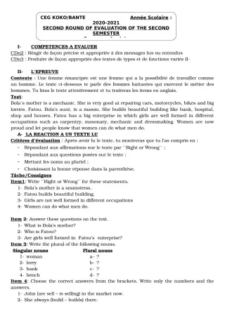 Première page de Devoir surveillé de ANGLAIS — 6e, 5e, 4e, 3e, 3e ML, 2nde A1, 2nde A2, 2nde D — CEG KOKO (2020)