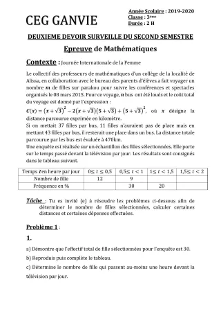 Première page de Mathématiques 3e, 3e ML — 2e devoir surveillé, 2e semestre (2019-2020) · CEG Ganvié
