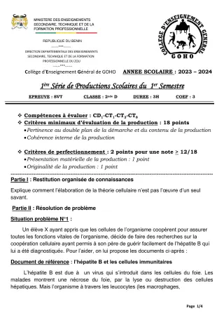 Première page de SVT 2nde D — 1re production scolaire, 1er semestre (2023-2024) · CEG GOHO