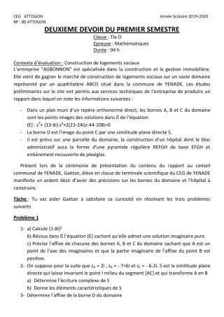 Première page de Mathématiques Tle D — 2e devoir surveillé, 1er semestre (2019-2020) · CEG Attogon