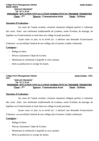 Première page de Français 5e — Évaluation sommative, 1er trimestre (2022-2023) · CPEG ENFANT PRODIGE