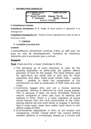 Première page de Anglais Tle A1, Tle A2, Tle B — 2e devoir surveillé, 2e semestre (2018-2019) · CEG2 ABOMEY - CALAVI (CEG ZOCA)