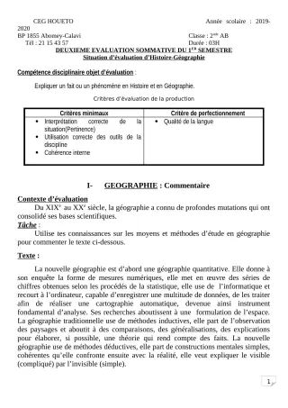 Première page de Histoire-Géographie 2nde A & B — 2e évaluation sommative, 1er semestre (2019-2020) · CEG HOUETO