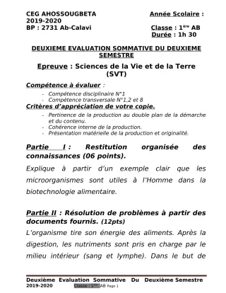 Première page de SVT 1ère A2, 1ère B — 2e évaluation sommative, 2e semestre (2019-2020) · CEG Ahossougbéta