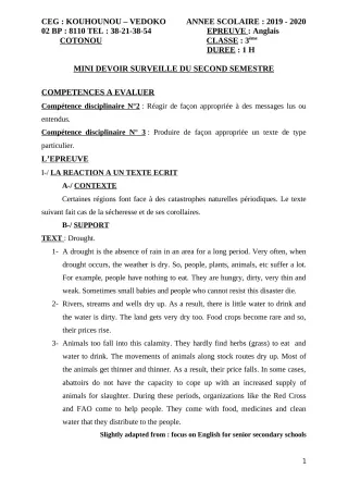 Première page de Anglais 3e, 3e ML — 1er devoir surveillé, 2e semestre (2019-2020) · CEG Kouhounou-Vêdoko