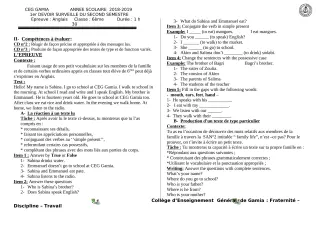 Première page de Anglais 6e, 5e, 2nde A, 2nde D — 1er devoir surveillé, 2e semestre (2018-2019) · CEG GAMIA