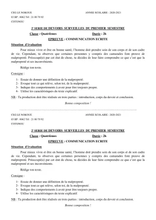 Première page de Français 4e, 4e ML — 2e devoir surveillé, 1er semestre (2020-2021) · CEG LE NOKOUE