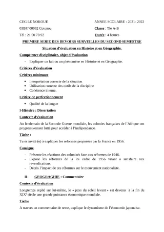 Première page de Histoire-Géographie Tle A1, Tle A2, Tle B — Devoir surveillé, 2e semestre (2021-2022) · CEG LE NOKOUE