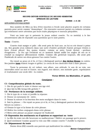 Première page de Français 6e — 2e devoir surveillé, 2e semestre (2023-2024) · CEG SEKERE