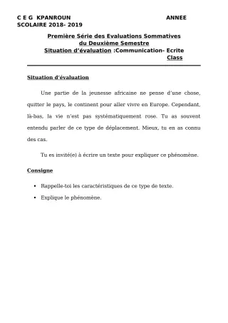 Première page de Français 3e — 1re évaluation sommative, 2e semestre (2018-2019) · CEG Kpanroun
