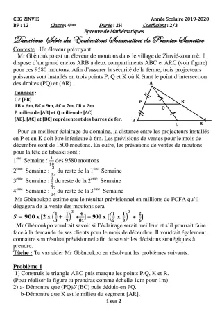 Première page de Mathématiques 4e, 4e ML — 2e évaluation sommative, 1er semestre (2019-2020) · CEG Zinvié