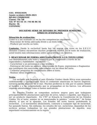 Première page de Espagnol Tle A1, Tle A2, Tle B — 2e devoir surveillé, 1er semestre (2020-2021) · CEG FIYEGNON