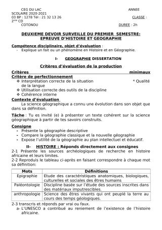Première page de Histoire-Géographie 2nde C, 2nde D — 2e devoir surveillé, 1er semestre (2020-2021) · CEG du Lac