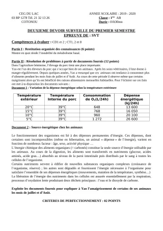 Première page de SVT 1ère A2, 1ère B — 2e devoir surveillé, 1er semestre (2019-2020) · CEG du Lac