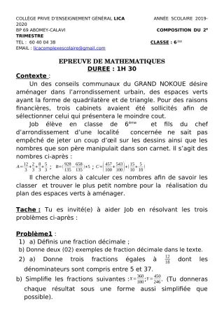 Première page de Mathématiques 6e — Composition, 1er trimestre (2019-2020) · CPEG LICA