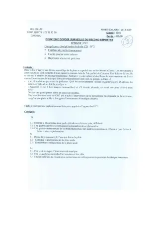 Première page de PCT 6e — 2e devoir surveillé, 2e semestre (2018-2019) · CEG du Lac