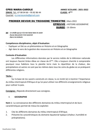 Première page de Histoire-Géographie 6e — 1er devoir surveillé, 3e trimestre (2021-2022) · CPEG MARIA-CAROLE