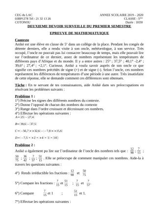 Première page de Mathématiques 5e — 2e devoir surveillé, 1er semestre (2019-2020) · CEG du Lac
