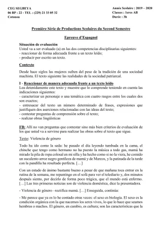 Première page de Espagnol 1ère A, 1ère B — 1re production scolaire, 2e semestre (2019-2020) · CEG SEGBEYA