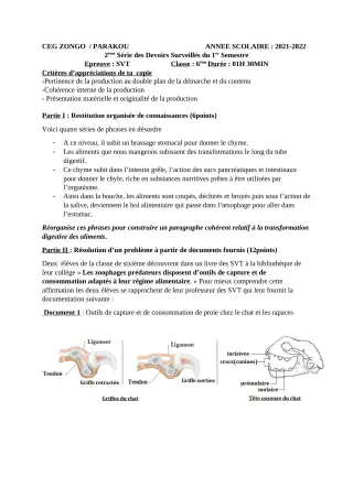Première page de SVT 6e — 2e devoir surveillé, 1er semestre (2021-2022) · CEG ZONGO
