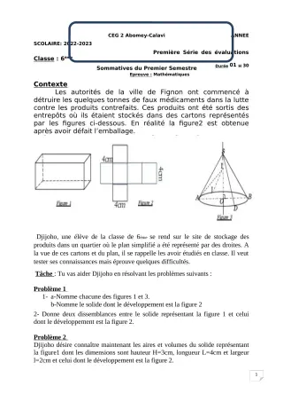 Première page de Mathématiques 6e — 1re évaluation sommative, 1er semestre (2022-2023) · CEG2 ABOMEY - CALAVI (CEG ZOCA)
